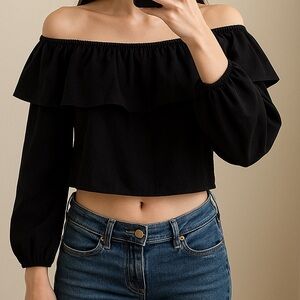Aritzia Wilfred Off Shoulder Black Cotton‎ Blouse Women Small Preppy Minimalist